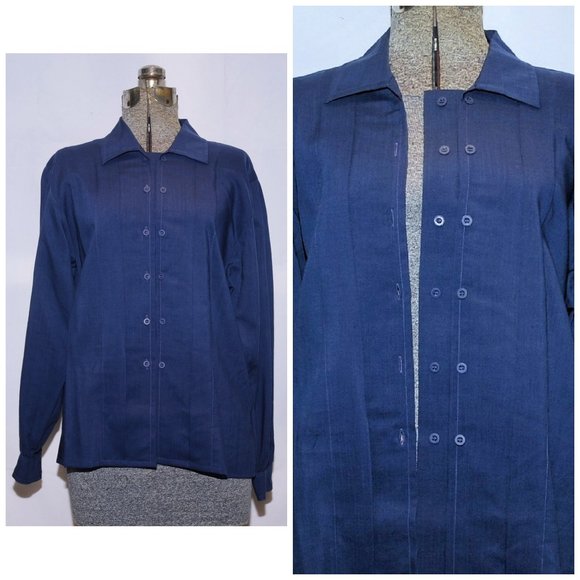 VTG 80's Jaeger Navy Blue Fine Lightweight Wool Blouse Double Front Buttons M/L - Picture 13 of 13